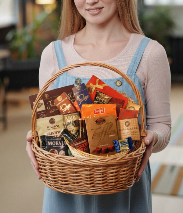 Young woman smiling at the camera holding our Chocolate Supreme Gift Basket.