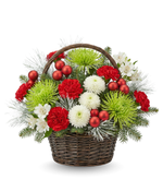 Decorative flower basket with red, green, and white flowers on a white background