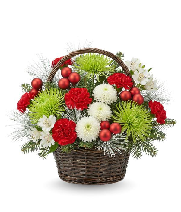 Decorative flower basket with red, green, and white flowers on a white background