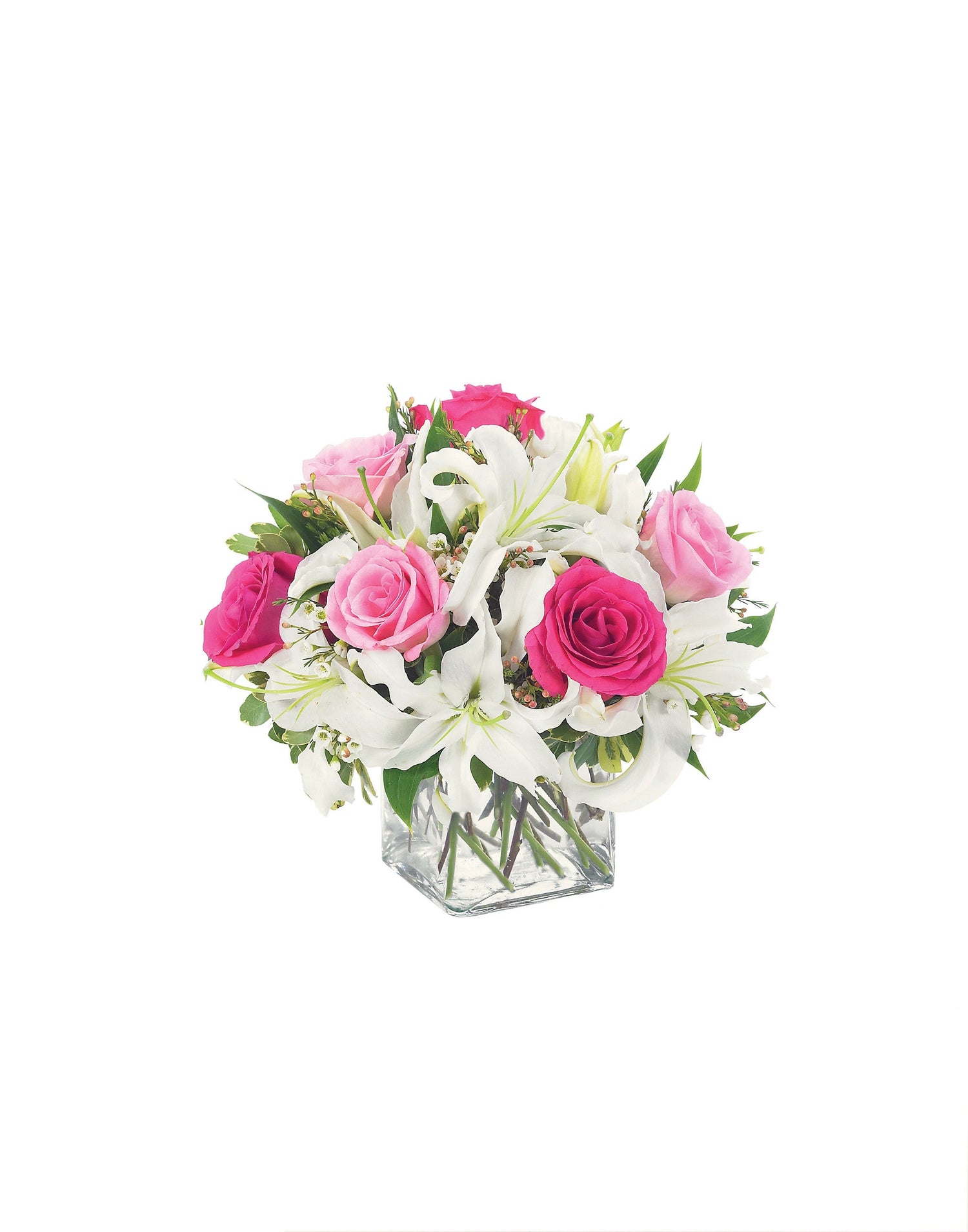 Hermoso cubo de lirio y rosa rosa