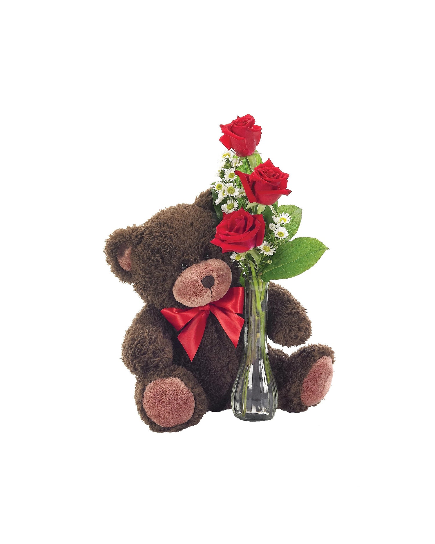 Jarrón clásico de rosas con osito de peluche