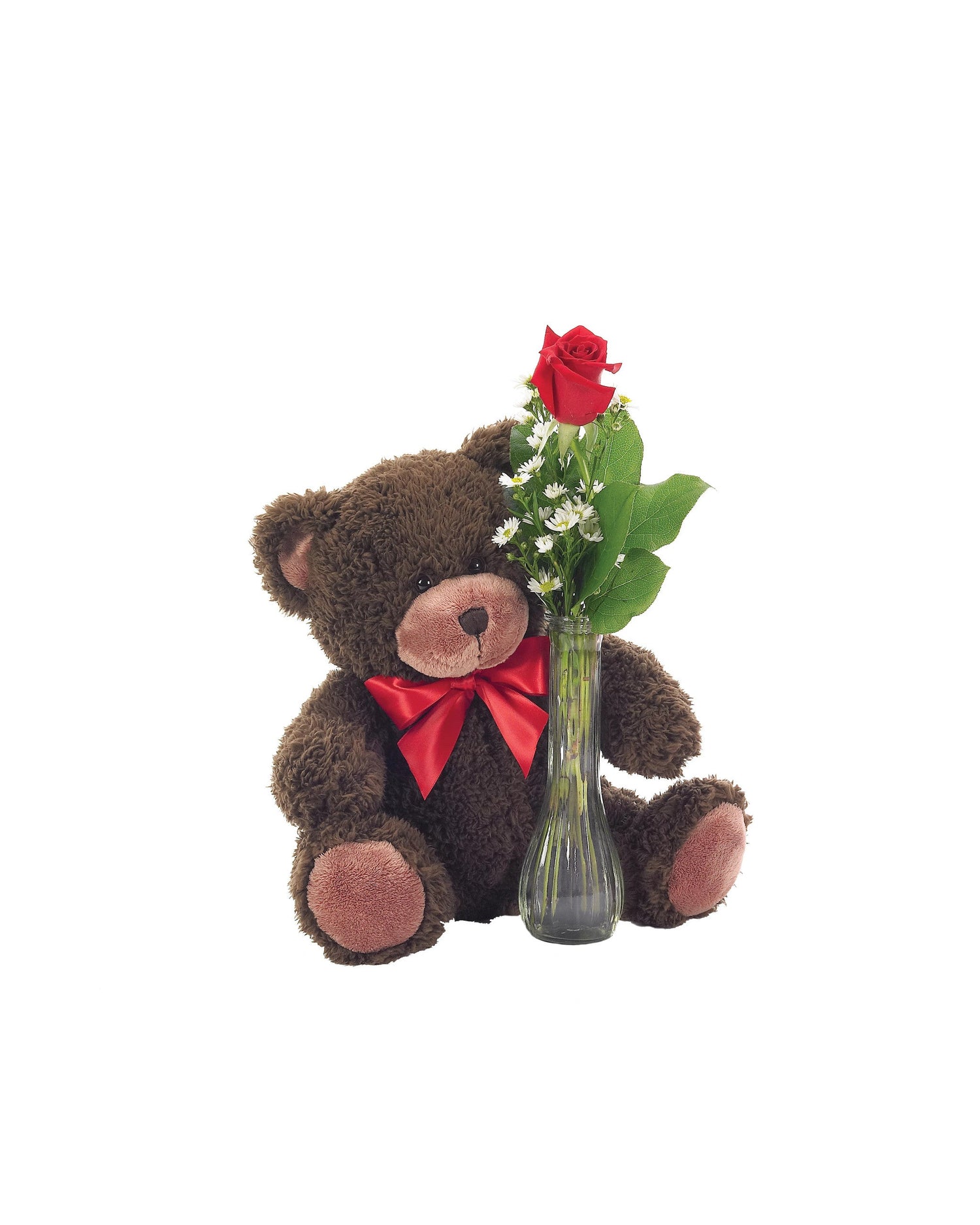 Jarrón clásico de rosas con osito de peluche