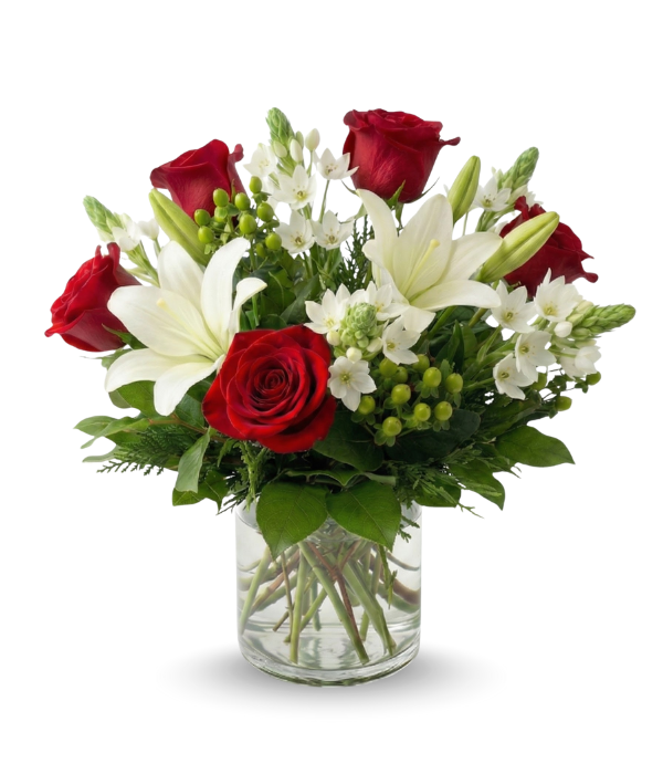 Bouquet of red roses and white lilies in a clear vase on a white background